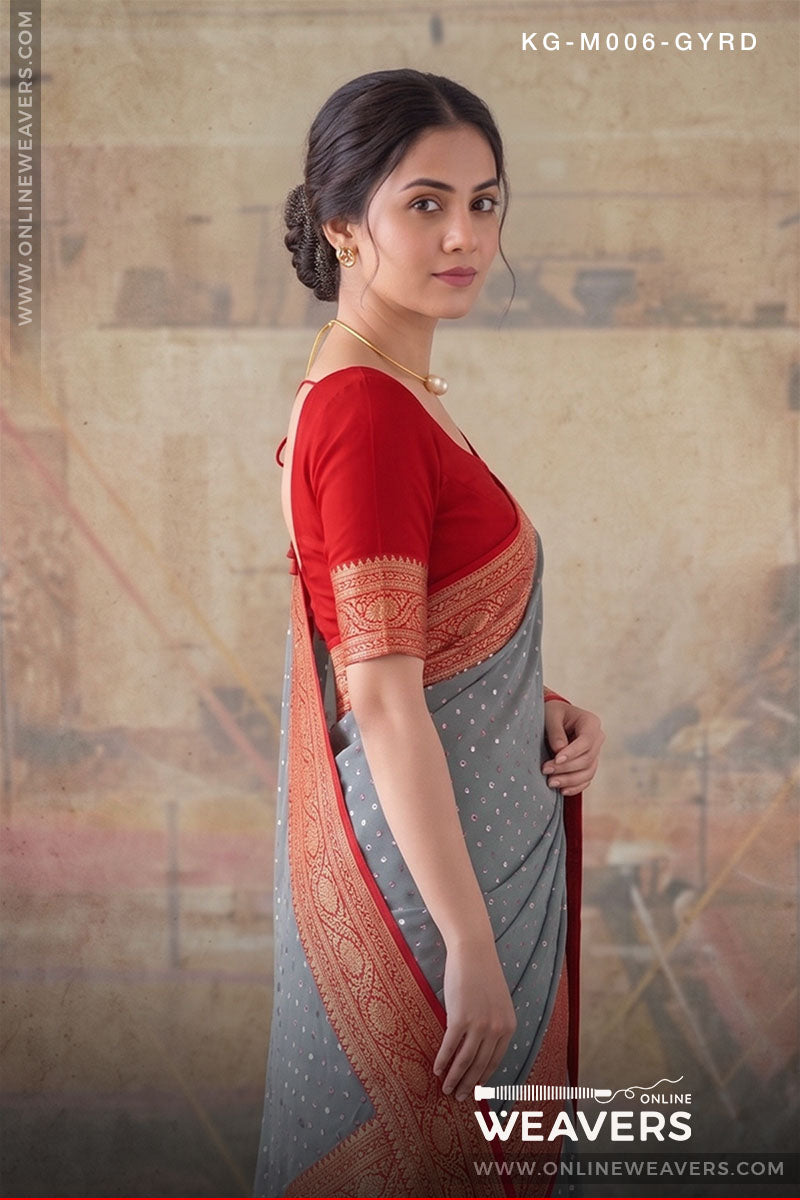 Grey Red Khaddi Georgette Saree Banaras manufacturer-onlineweavers.com