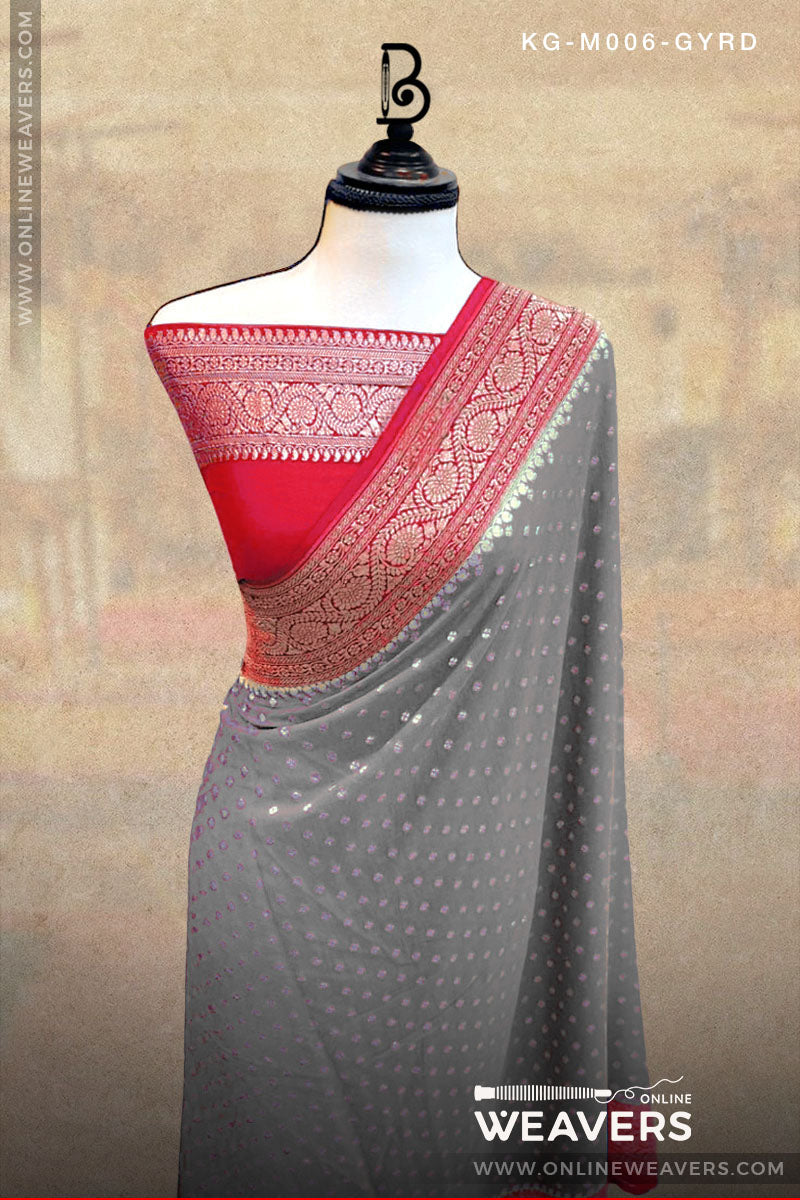 Grey Red Khaddi Georgette Saree Banaras manufacturer-onlineweavers.com