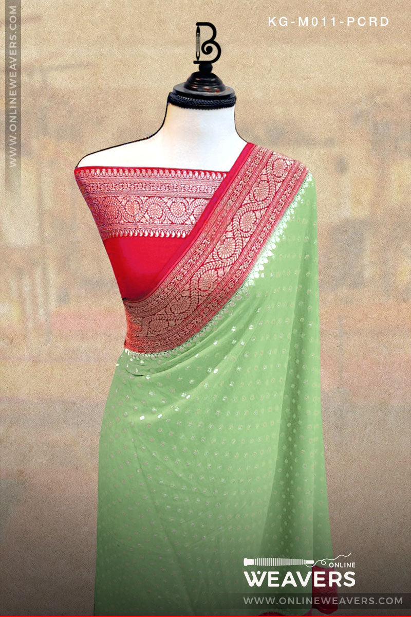 Pista Green Red Khaddi Georgette Saree manufacturer from Banaras-onlineweavers.com