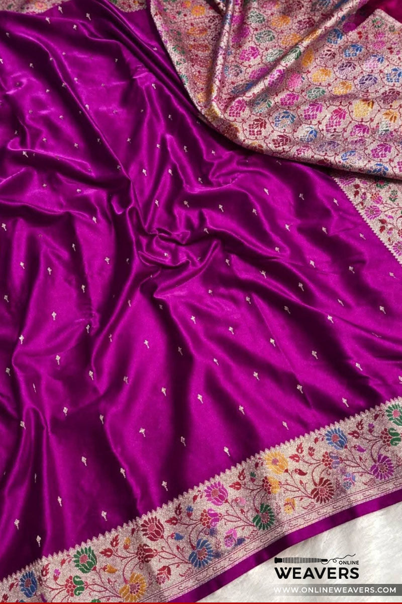Magenta Pink Banarasi Mashru Silk Saree with intricate floral meenakari border-KL117 | OnlineWeavers