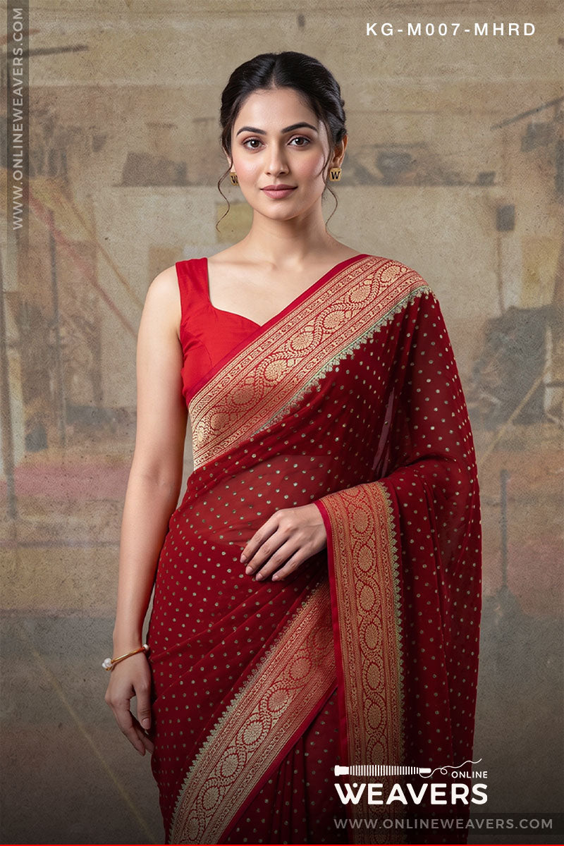 Maroon Red Khaddi Georgette Saree Banaras manufacturer-onlineweavers.com