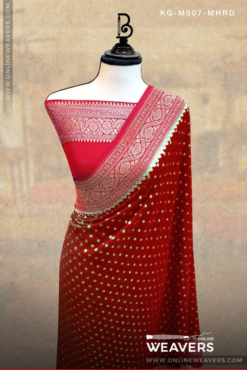 Maroon Red Khaddi Georgette Saree  manufacturer from Banaras-onlineweavers.com