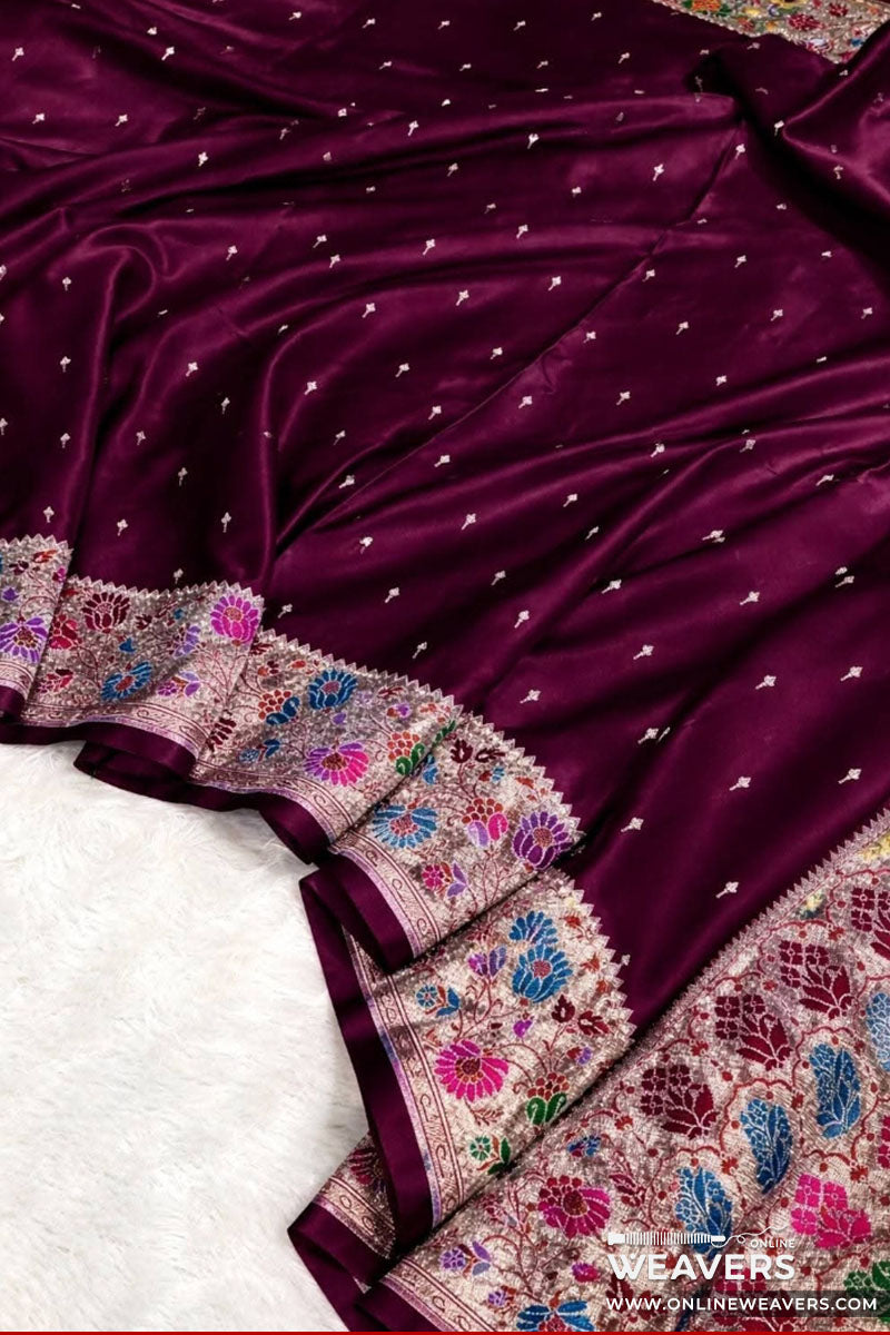 A Maroon Red Mashru Silk Banarasi Saree with small motifs and floral meenakari border-KL118 | OnlineWeavers