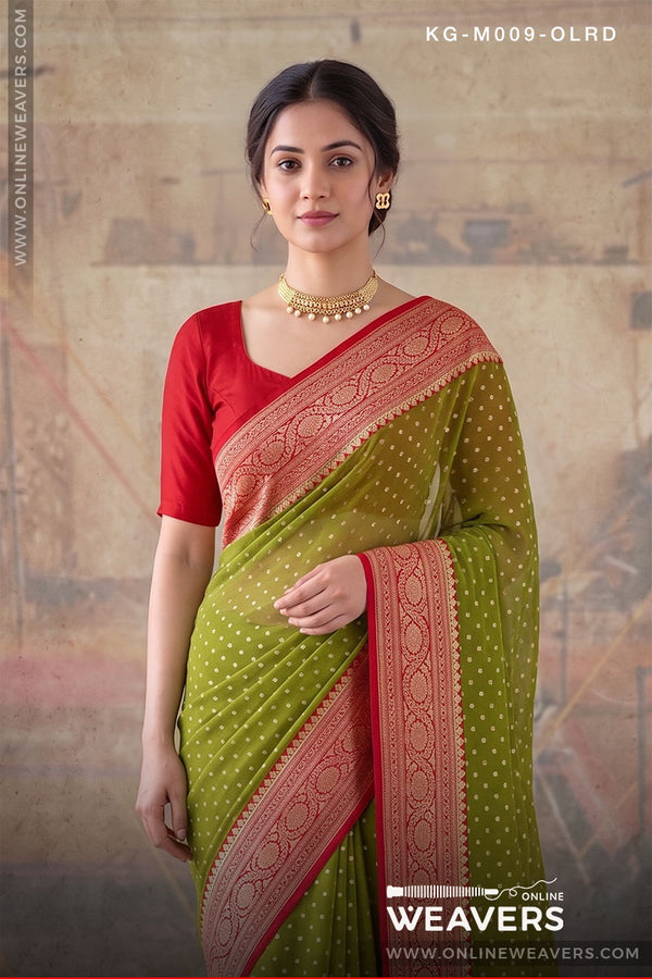 Mehendi Olive green and red Khaddi Georgette saree from Banaras manufacturer-onlineweavers.com branding