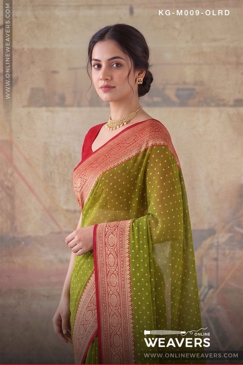 Mehendi Olive green and red Khaddi Georgette saree from Banaras manufacturer-onlineweavers.com branding