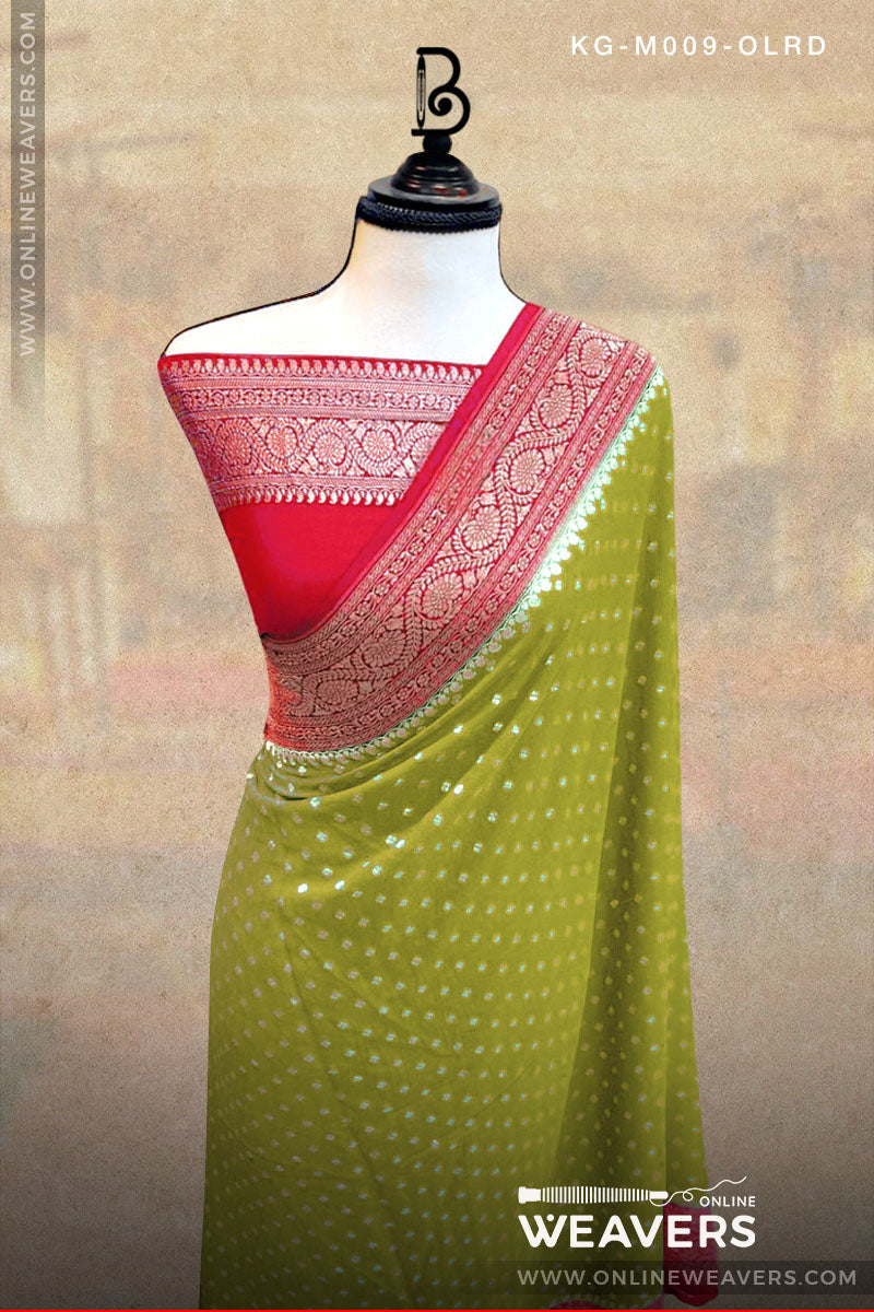 Mehendi Olive Red Khaddi Georgette Saree Banaras manufacturer-onlineweavers.com
