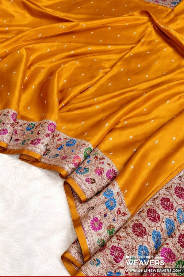 A Mustard Yellow Mashru Silk Banarasi Saree with small motifs and floral meenakari border-KL120 | OnlineWeavers