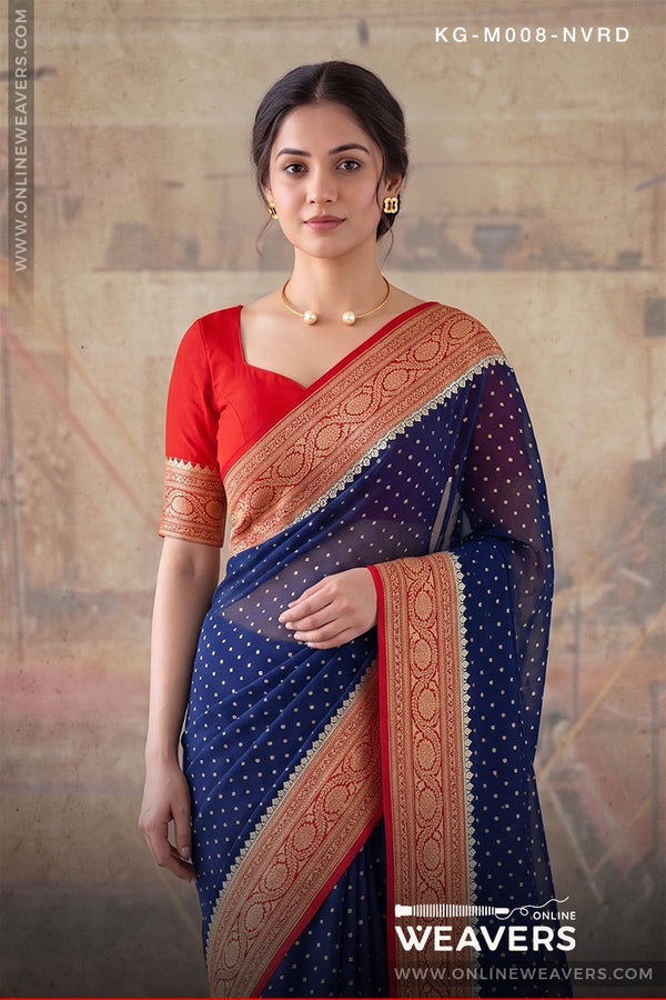 Navy Blue And Red Georgette Saree | KG-M008-NVRD