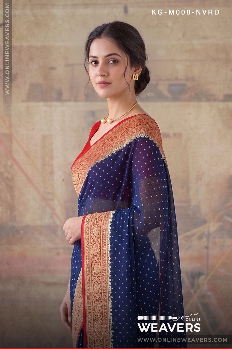 Navy Blue And Red Georgette Saree | KG-M008-NVRD