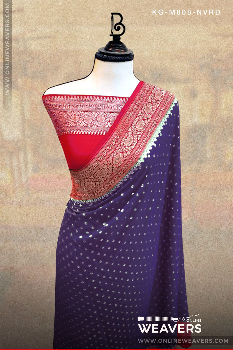 Navy Blue Red Khaddi Georgette Saree manufacturer from Banaras-onlineweavers.com
