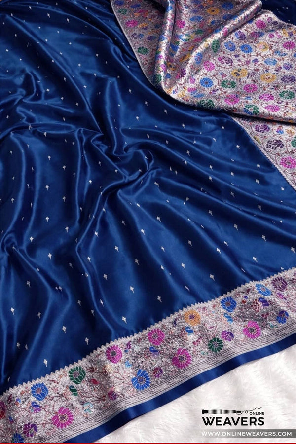 Buy Navy Blue Banarasi Mashru Silk Saree With Floral Meena Bordar-KLM110 | OnlineWeavers