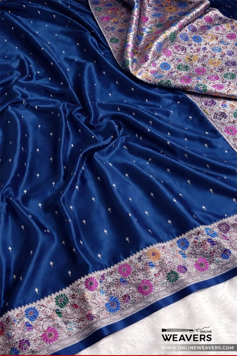 Buy Navy Blue Banarasi Mashru Silk Saree With Floral Meena Bordar-KLM110 | OnlineWeavers