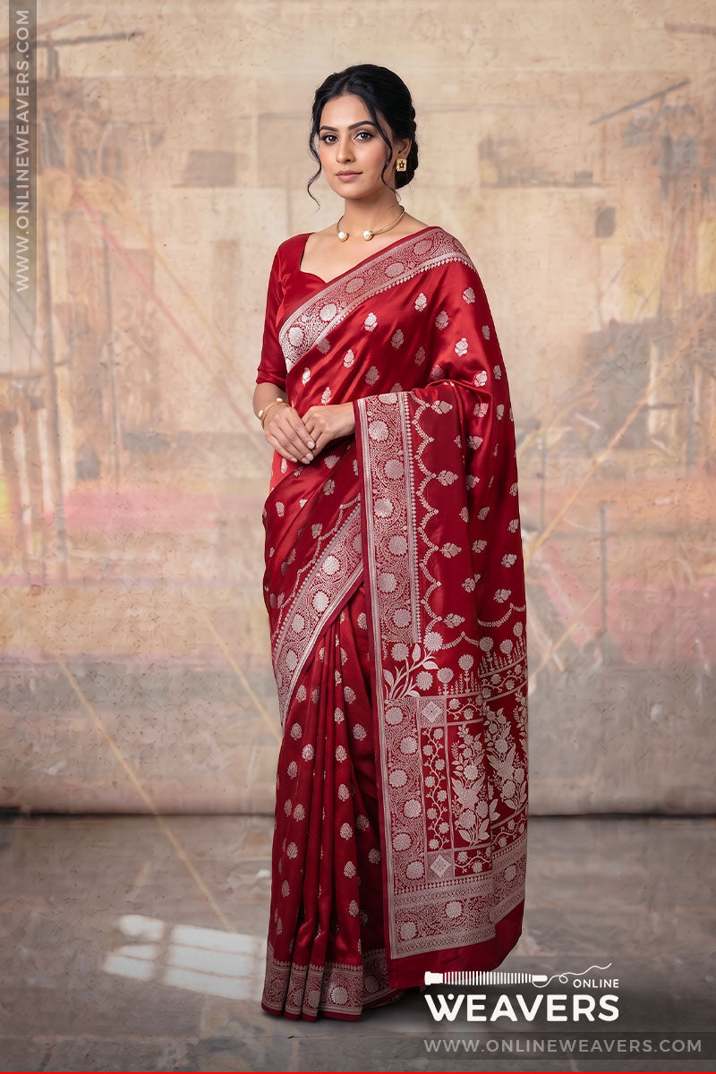 Red Banarasi Mashru Satin Silk Saree manufacturer