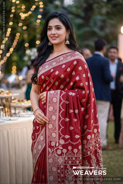 (Mid Shot): Red Banarasi Silk Saree, Red Mashru Silk Saree, Red Wedding Saree, Latest red saree intricate design