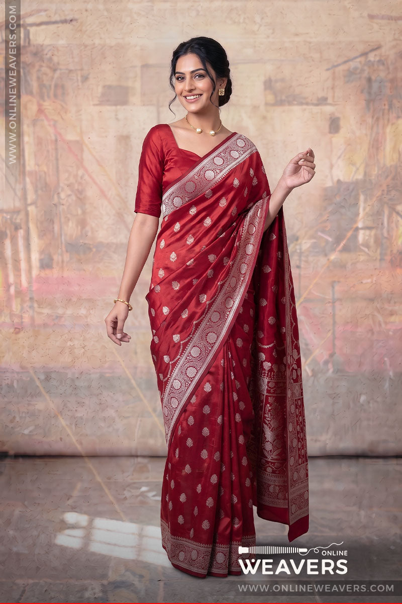 Red Banarasi Mashru Satin Silk Saree manufacturer