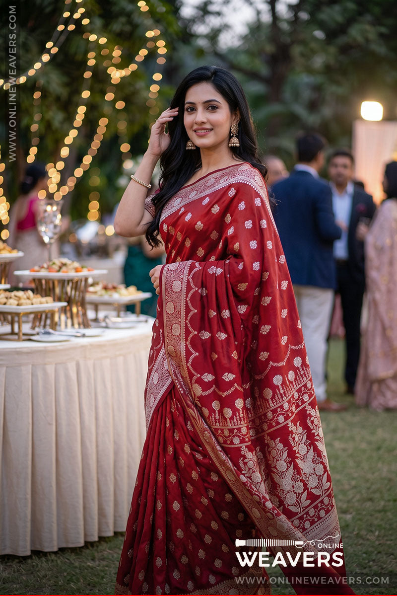 (Full Shot): Red Banarasi Saree, Red Mashru Silk Saree, Red Bridal Saree, Red Wedding Saree, Latest red saree intricate design