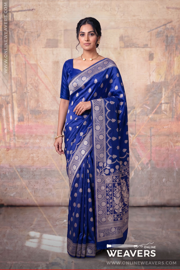 Blue Banarasi Mashru Silk Saree, blue saree, mashru saree, banarasi saree manufacturer