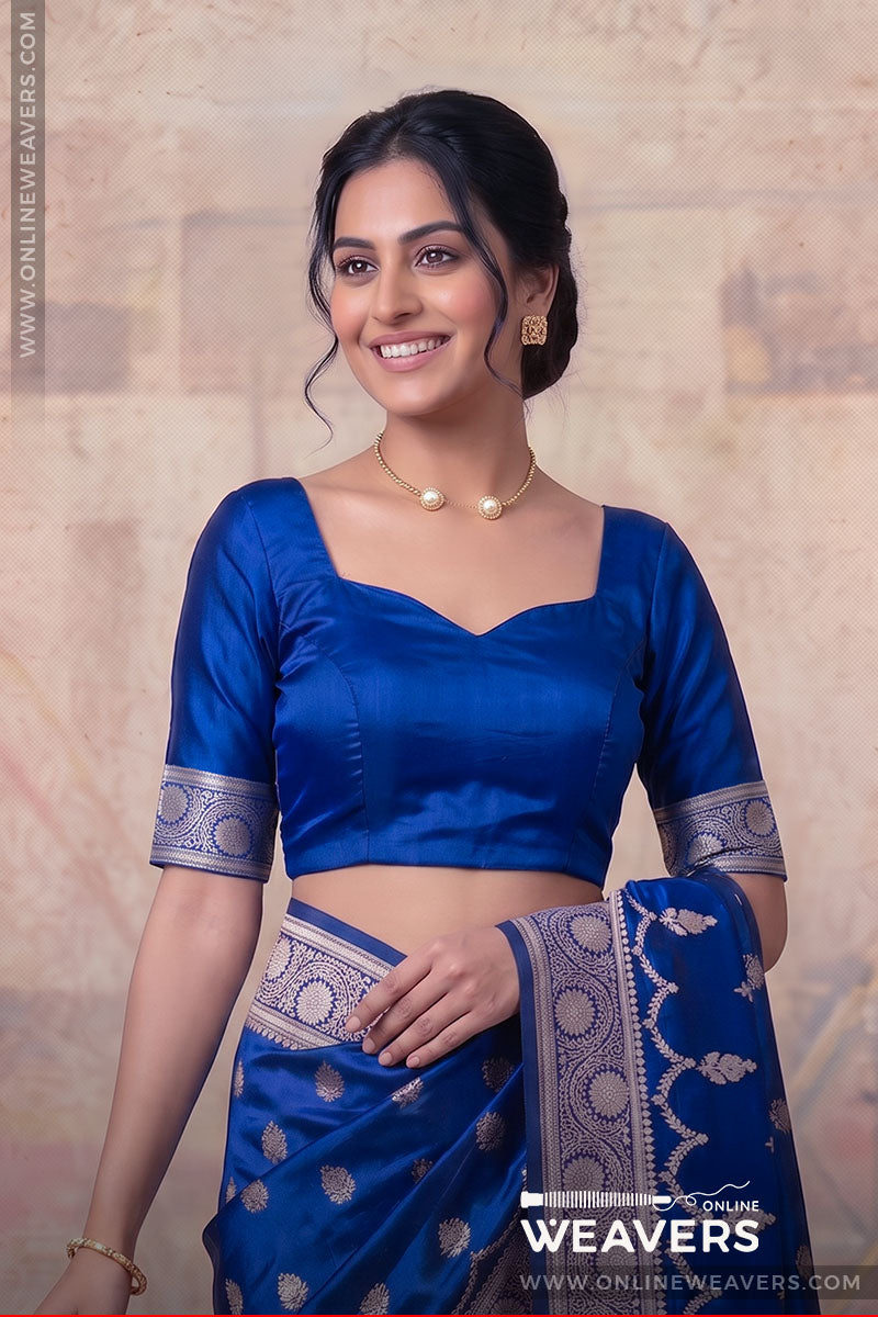 Blue Banarasi Mashru Silk Saree, blue saree, mashru saree, banarasi saree manufacturer