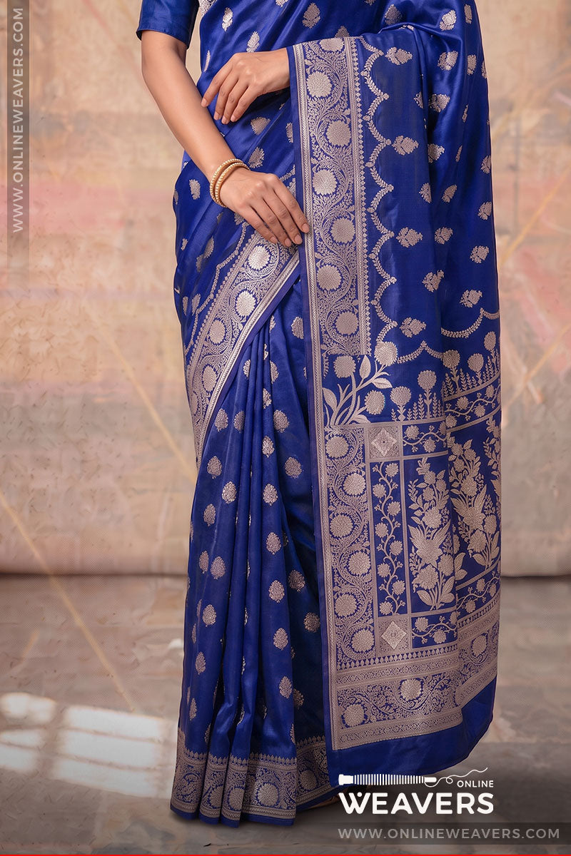 Blue Banarasi Mashru Silk Saree, blue saree, mashru saree, banarasi saree manufacturer