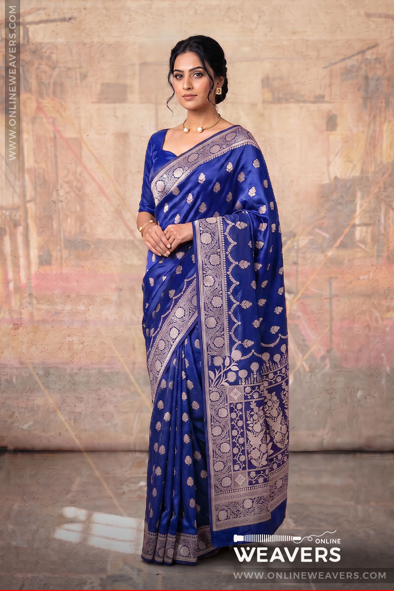 Blue Banarasi Mashru Silk Saree, blue saree, mashru saree, banarasi saree manufacturer