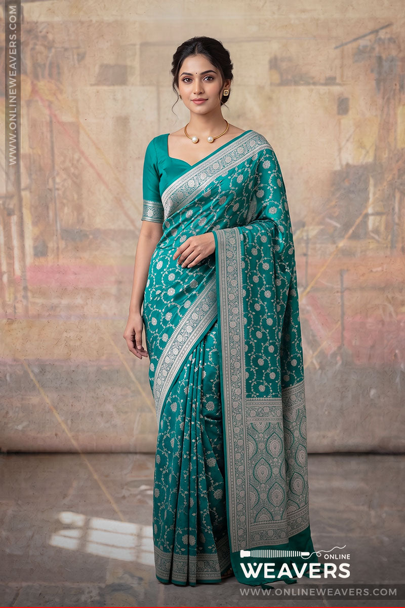 (Full Shot): Sapphire Green Banarasi Mashru Silk Saree, green saree, mashru saree, banarasi saree