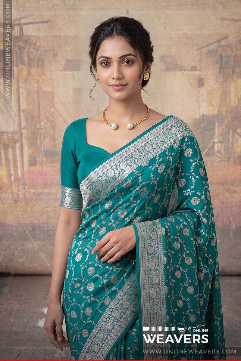 Sapphire Green Banarasi Mashru Silk Saree, green saree, mashru saree, banarasi saree