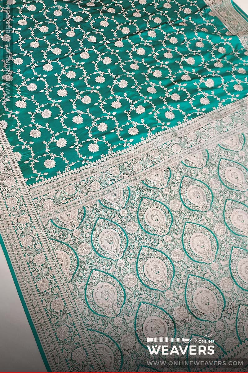Sapphire Green Banarasi Mashru Silk Saree, green saree, mashru saree, banarasi saree