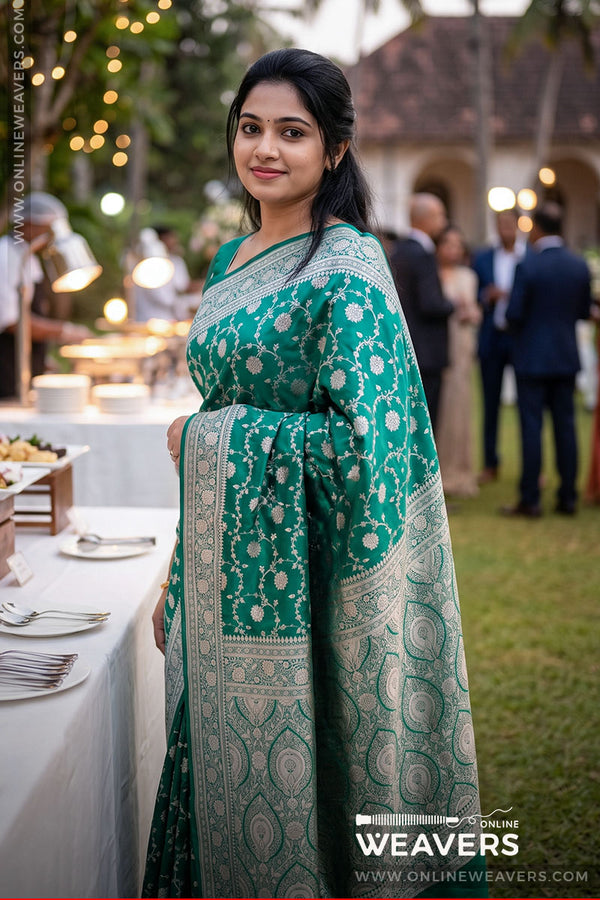 (Mid Shot): Green Banarasi Saree, Green Mashru Silk Saree, Green Saree design, green Wedding saree, sari manufacturer in varanasi