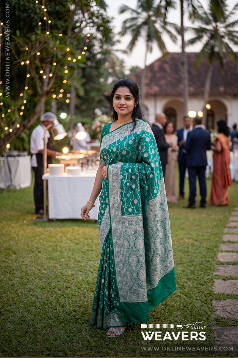 (Lifestyle Shot): Green Mashru Silk Saree, Green Banarasi Sari, Green Saree design, green Wedding saree