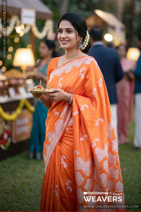 Orange Banarasi silk saree, orange mashru saree, orange saree, bollywood saree, wedding saree, designer sari