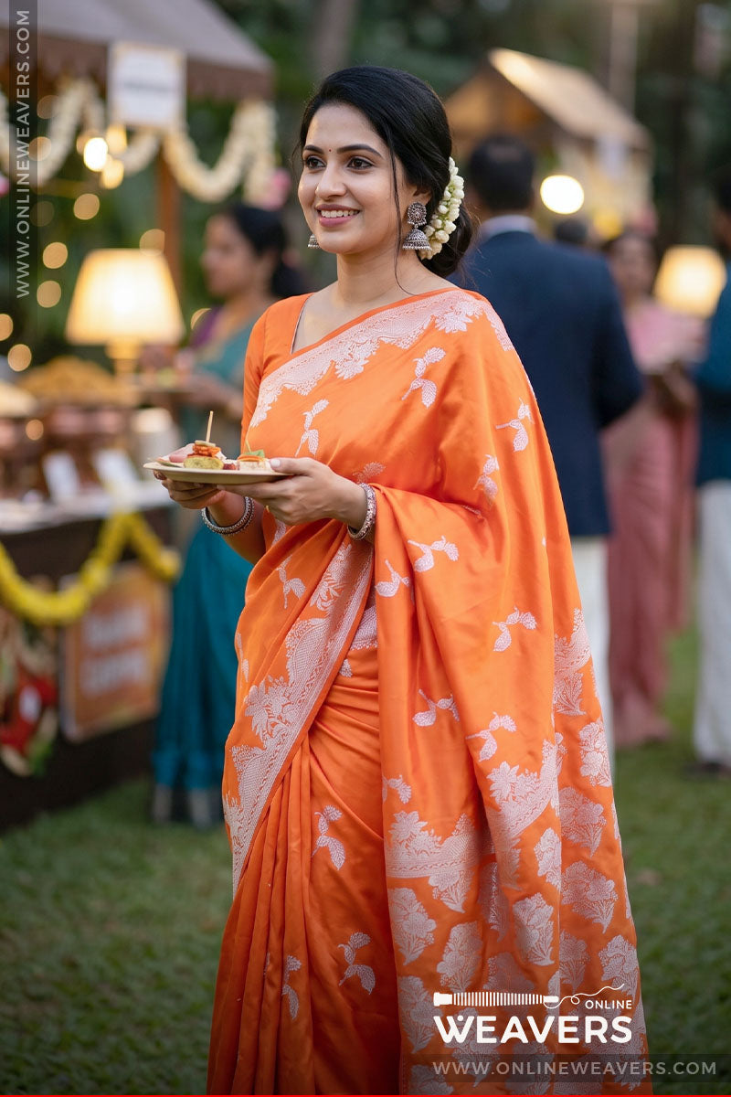 Orange Banarasi silk saree, orange mashru saree, orange saree, bollywood saree, wedding saree, designer sari
