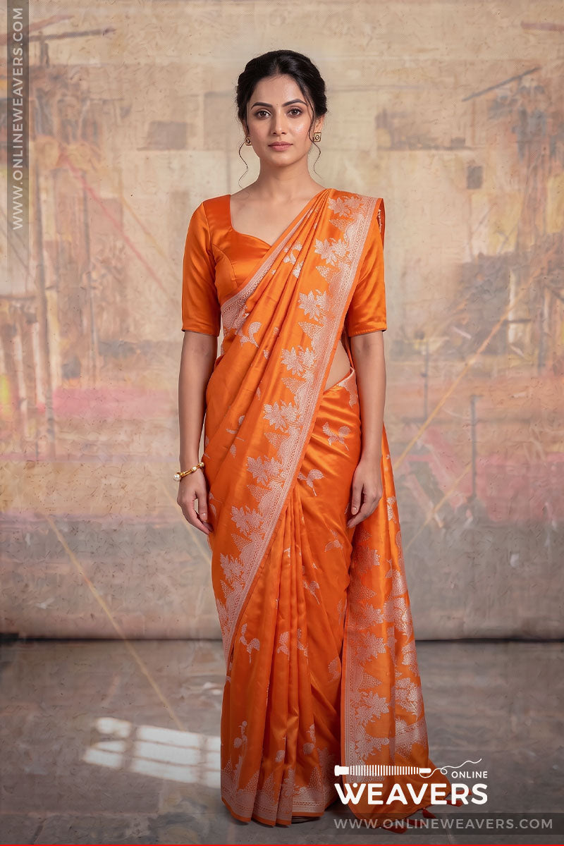 Orange Banarasi silk saree, orange mashru saree, orange saree, bollywood saree, wedding saree, designer sari