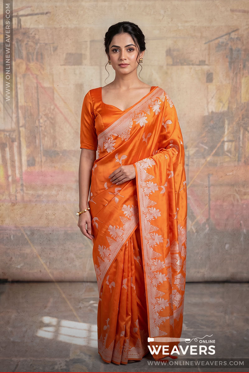 Orange Banarasi silk saree, orange mashru saree, orange saree, bollywood saree, wedding saree, designer sari