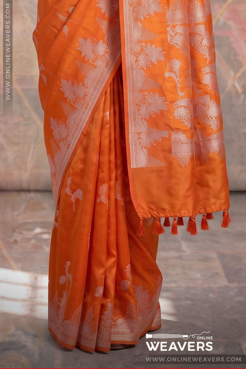 Orange Banarasi silk saree, orange mashru saree, orange saree, bollywood saree, wedding saree, designer sari