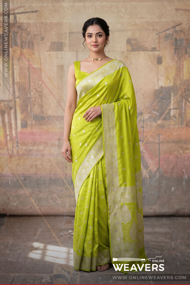 (Front View): Diya Mirza Saree, Lime Green saree, light green sari, bollywood saree, Banarasi saree