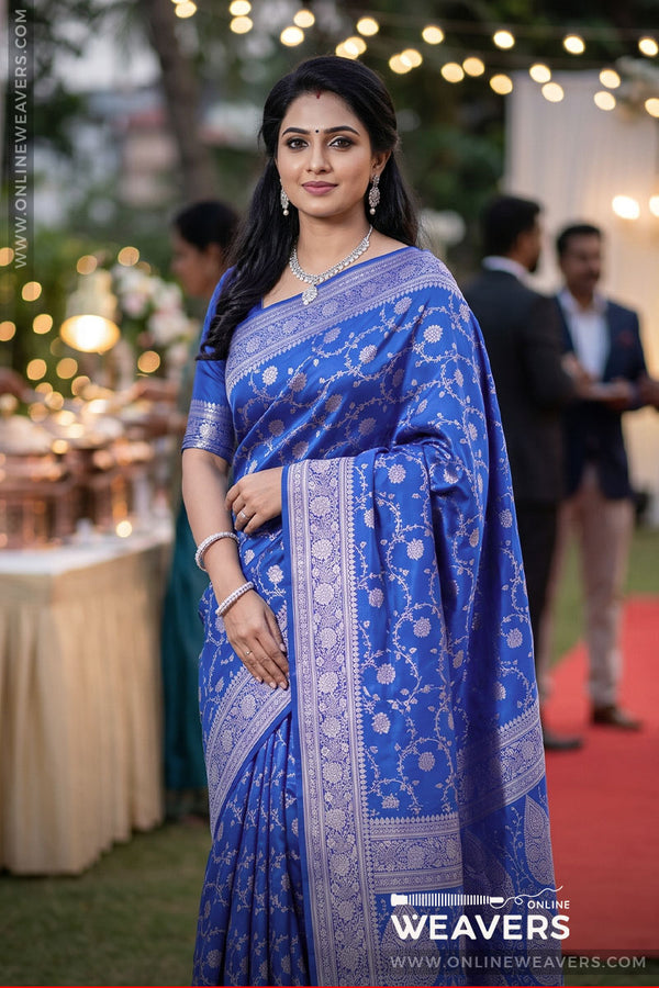 (mid shot): Blue Banarasi Saree, Blue Mashru silk saree, Blue sari manufacturer, Banarasi saree weaver, mashru silk