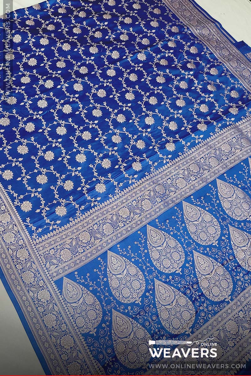 (Full View): Blue Saree, Bollywood saree, Sapphire blue sari, Banarasi saree, mashru silk