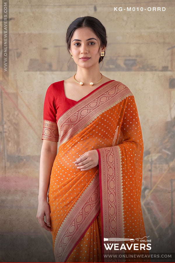 Orange Red Khaddi Georgette Saree manufacturer from Banaras-onlineweavers.com
