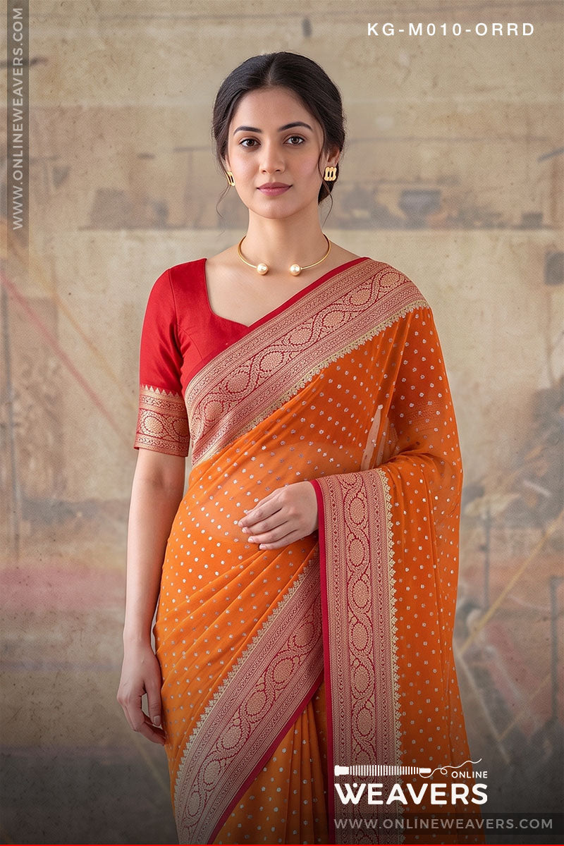 Orange Red Khaddi Georgette Saree manufacturer from Banaras-onlineweavers.com