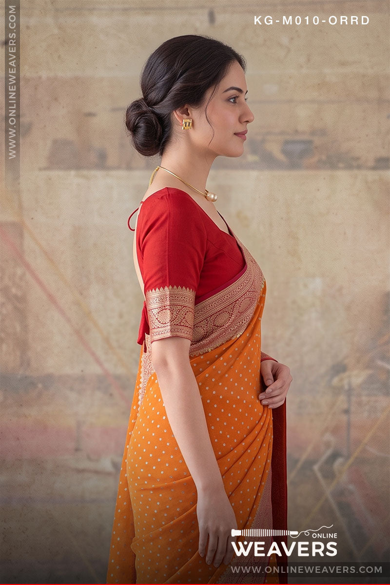 Orange Red Khaddi Georgette Saree manufacturer from Banaras-onlineweavers.com