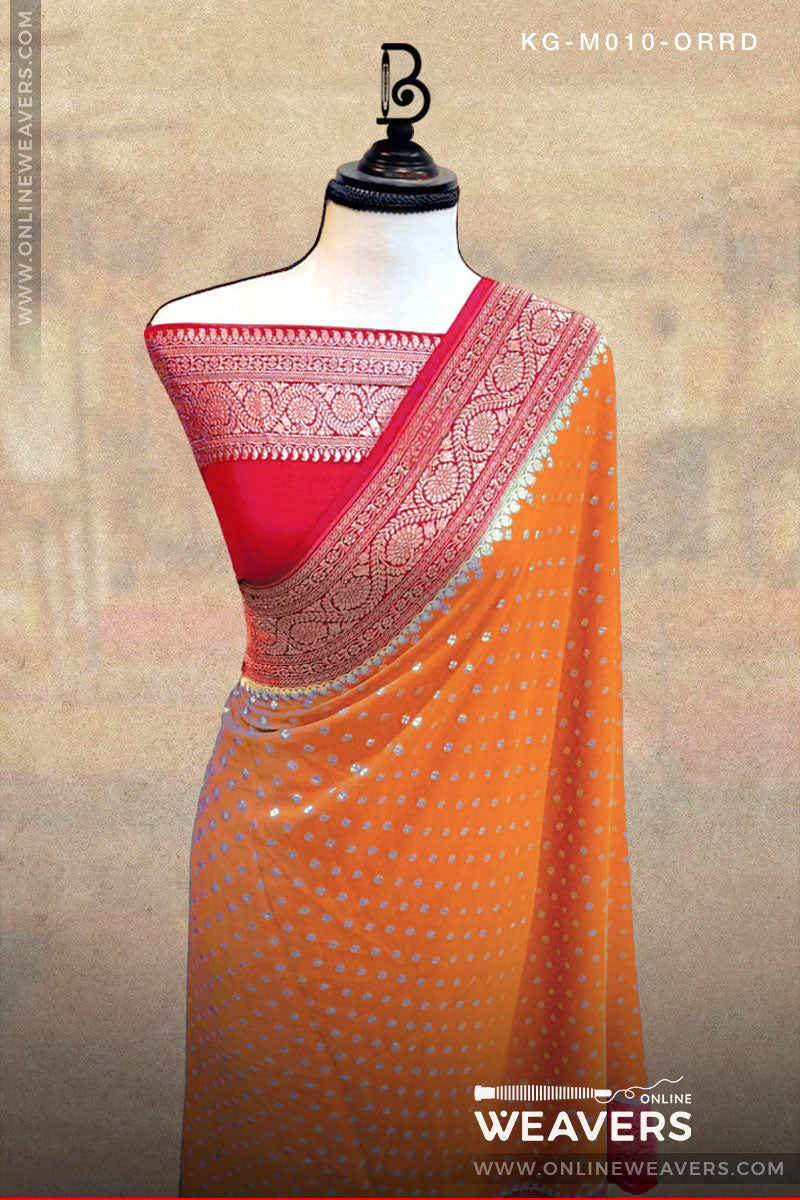 Orange Red Khaddi Georgette Saree manufacturer from Banaras-onlineweavers.com