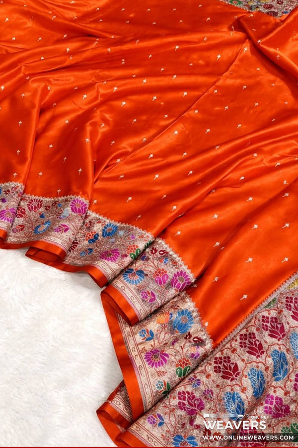 Buy Orange Banarasi Mashru Silk Saree with floral meenakari border-KL122 | OnlineWeavers