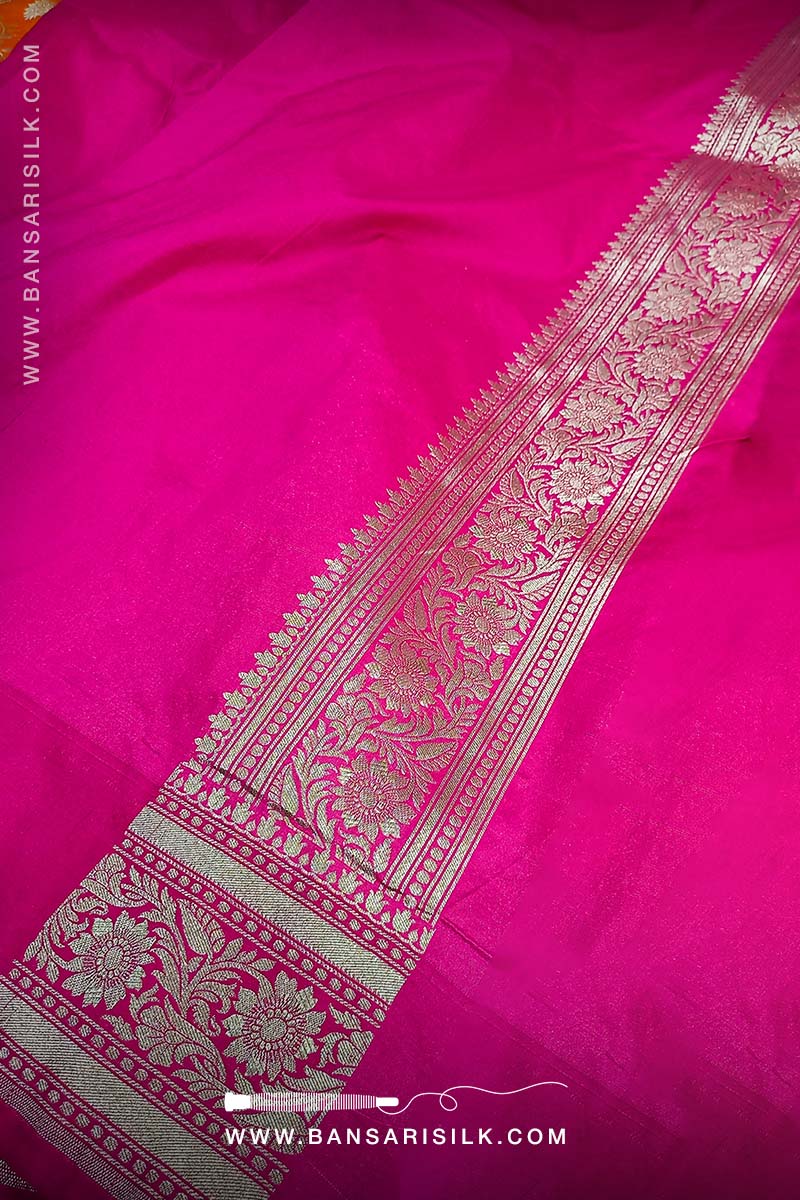 Orange And Pink Banarasi Silk Saree designed for wedding and bollywood gala events.