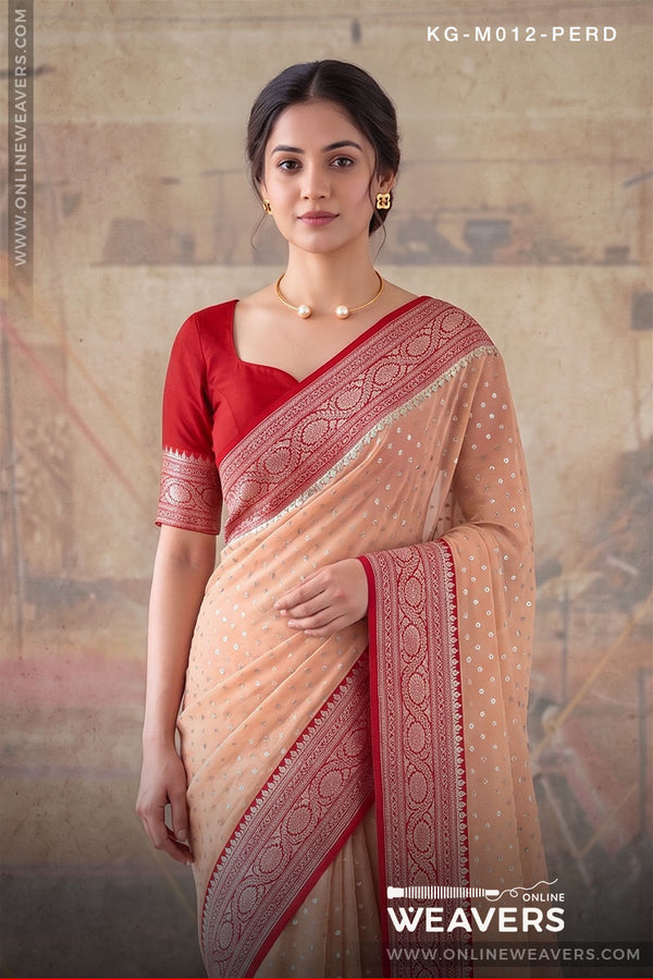 Peach Red Khaddi Georgette Saree manufacturer from Banaras-onlineweavers.com