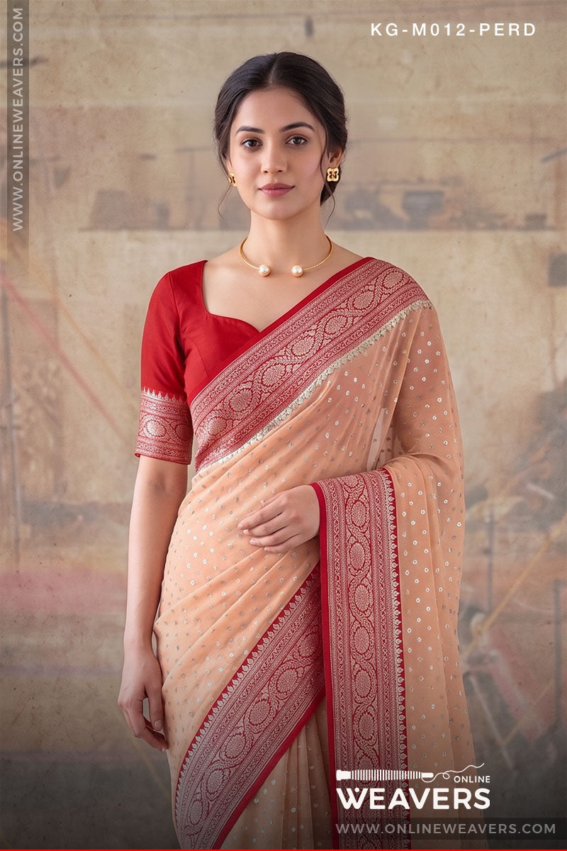 Peach Red Khaddi Georgette Saree manufacturer from Banaras-onlineweavers.com