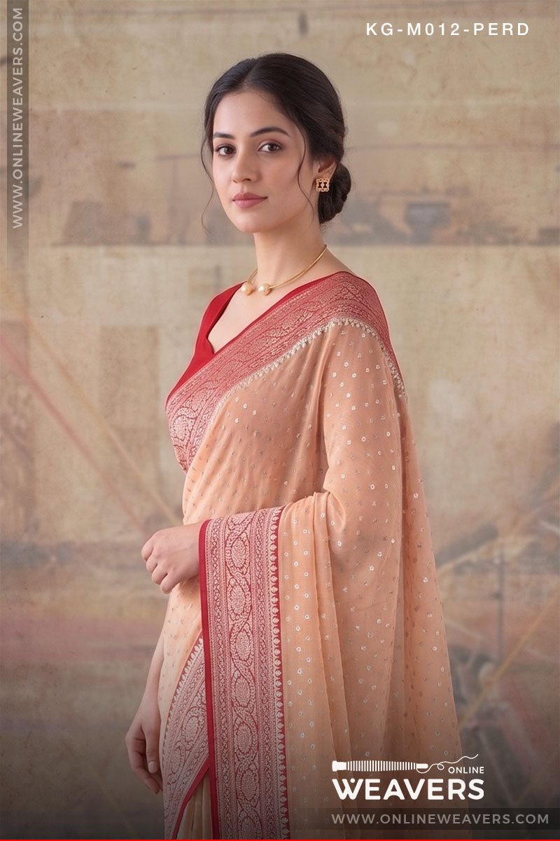 Peach Red Khaddi Georgette Saree manufacturer from Banaras-onlineweavers.com