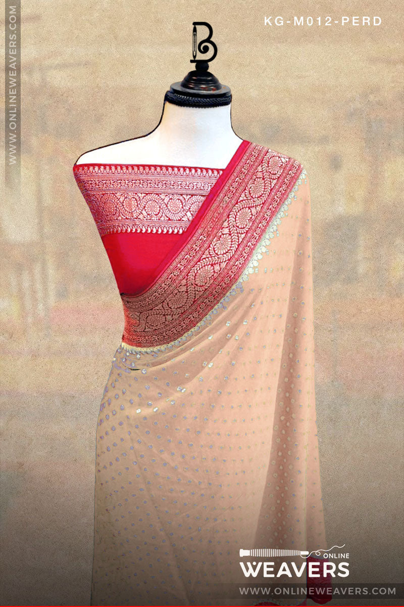 Peach Red Khaddi Georgette Saree manufacturer from Banaras-onlineweavers.com