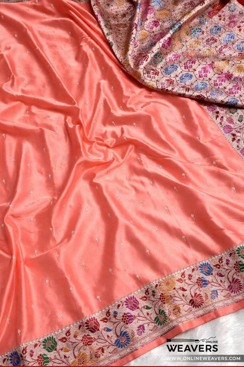 Buy Peach Orange Banarasi Mashru Silk Saree with floral meenakari works-KL123 | OnlineWeavers