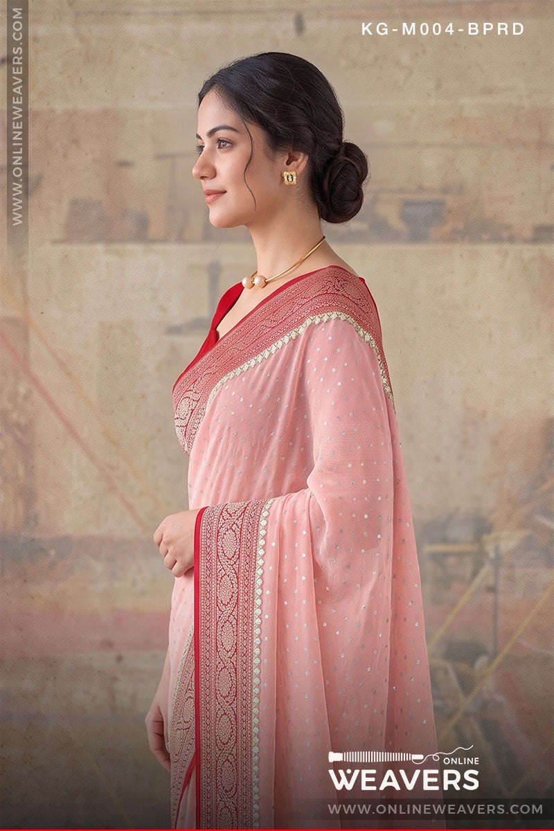 Pink Red Khaddi Georgette Saree manufacturer from Banaras-onlineweavers.com