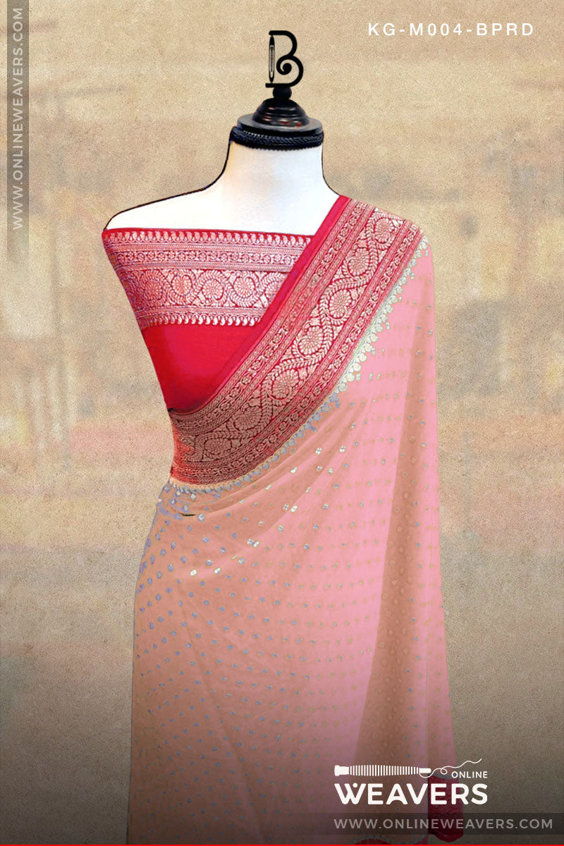 Pink Red Khaddi Georgette Saree manufacturer from Banaras-onlineweavers.com
